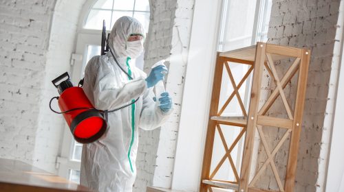 un homme désinfectant un appartement